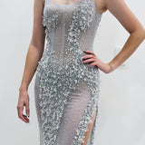 Crystal silver scoop neck corset dress with lace up back for hire