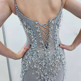 Crystal silver scoop neck corset dress with lace up back for hire