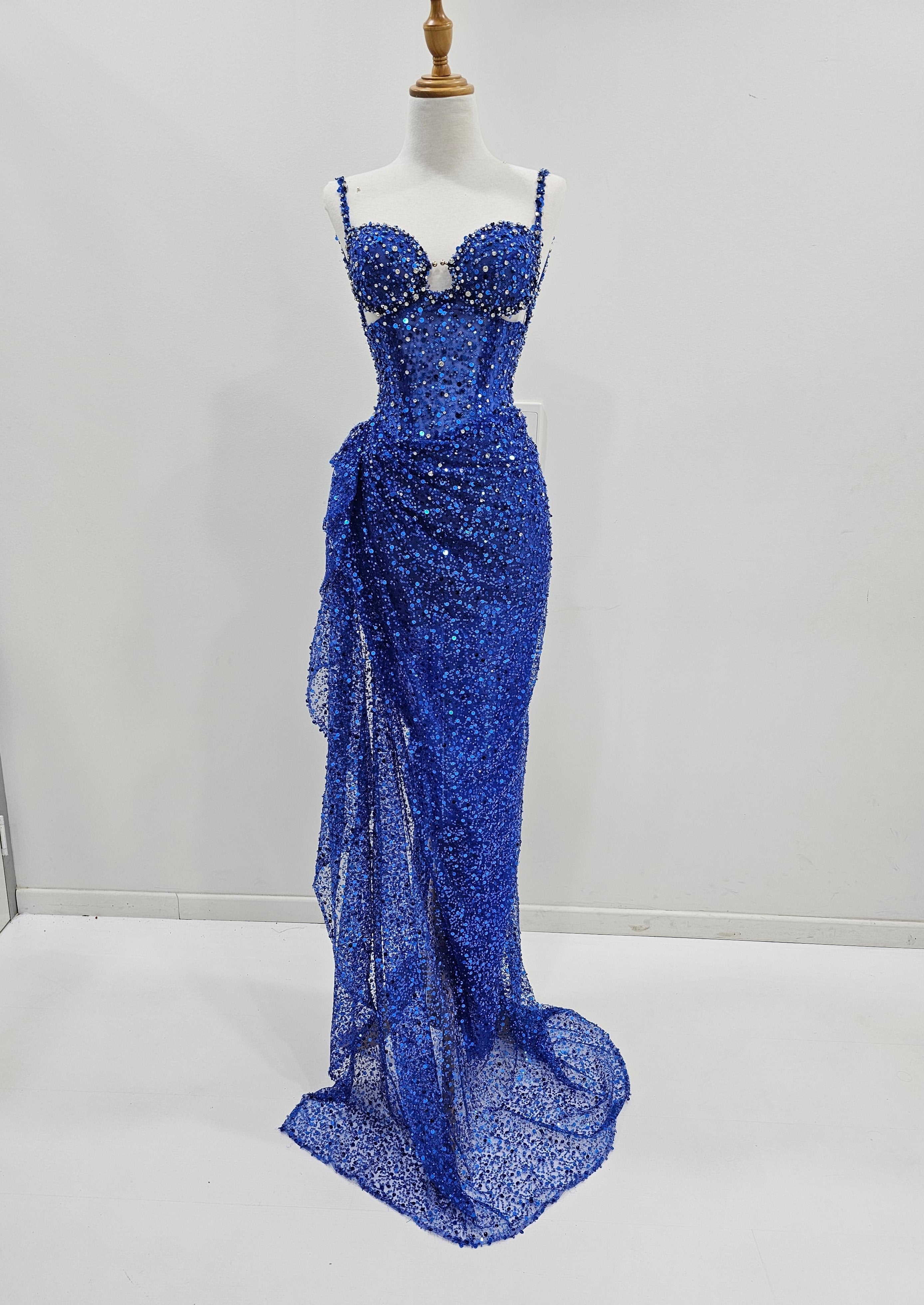 Royal blue beaded dress with corset top for hire – Destiny Chic