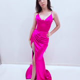 Fuschia pink satin column shaped dress with v neckline