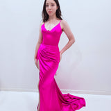 Fuschia pink satin column shaped dress with v neckline