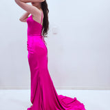 Fuschia pink satin column shaped dress with v neckline