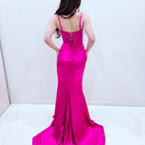 Fuschia pink satin column shaped dress with v neckline