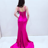Fuschia pink satin column shaped dress with v neckline