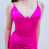 Fuschia pink satin column shaped dress with v neckline