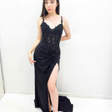 Beaded lace sheer exposed boned V-neck top with stretchy twisted leg slit dress