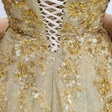 Sparkling gold crescent moon neckline lace up back princess dress for hire