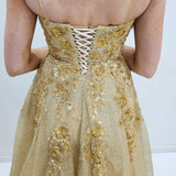 Sparkling gold crescent moon neckline lace up back princess dress for hire