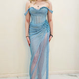 Baby blue crystal mesh strap off the shoulder sleeve mermaid dress for hire