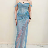 Baby blue crystal mesh strap off the shoulder sleeve mermaid dress for hire