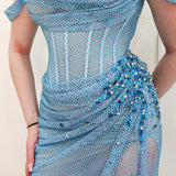 Baby blue crystal mesh strap off the shoulder sleeve mermaid dress for hire