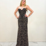 Black and gold beaded wavy neck strapless corset dres