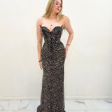 Black and gold beaded wavy neck strapless corset dres