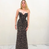 Black and gold beaded wavy neck strapless corset dres