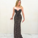 Black and gold beaded wavy neck strapless corset dres