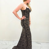 Black and gold beaded wavy neck strapless corset dres