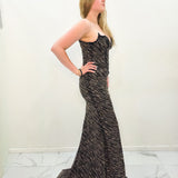 Black and gold beaded wavy neck strapless corset dres