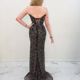 Black and gold beaded wavy neck strapless corset dres