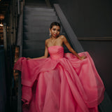 Hot Pink Organza ruffled dress with lace up back