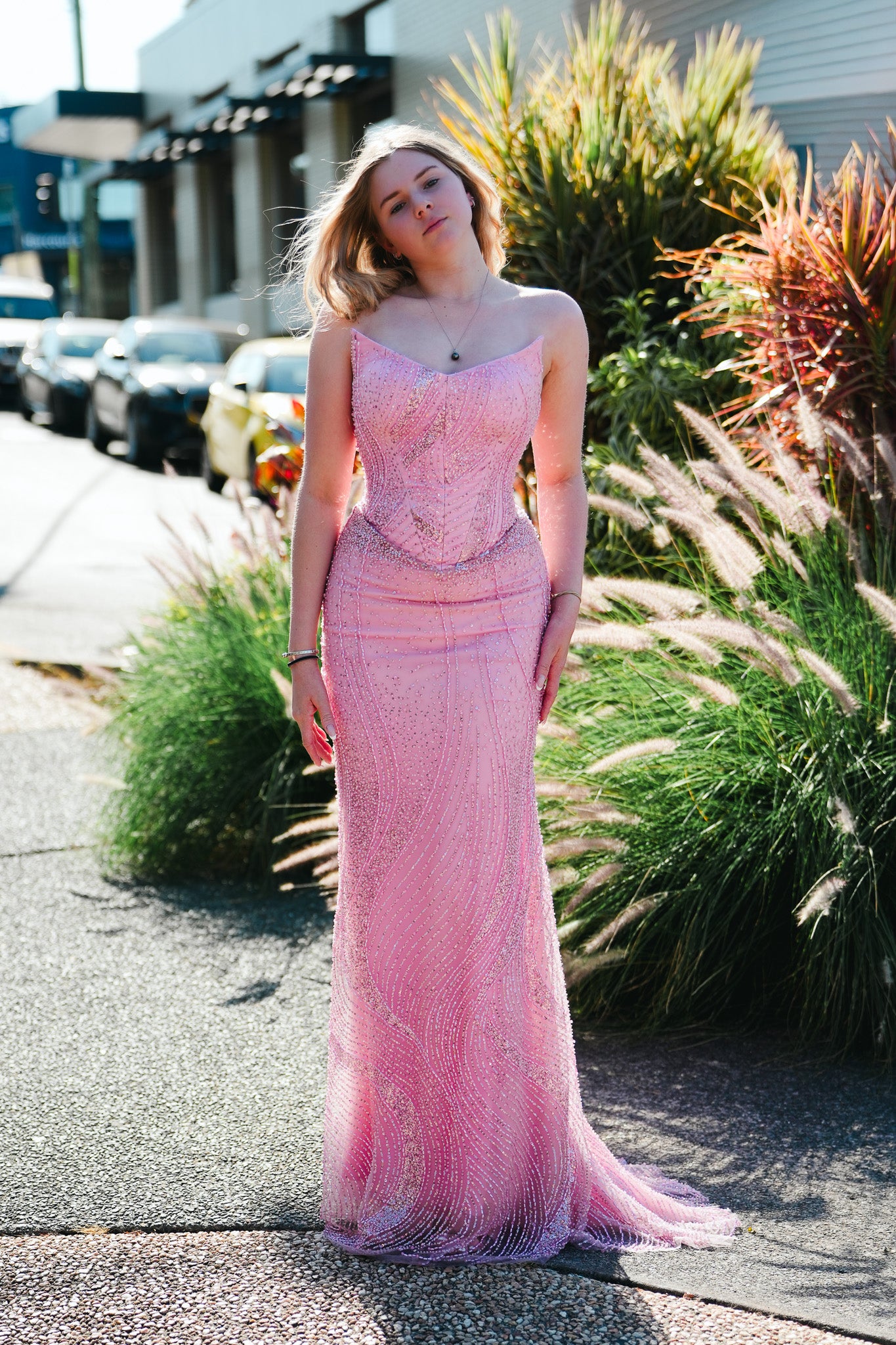 Baby Pink Basque waist beaded V-neck corset back mermaid dress