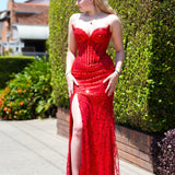 Elara red wavy bustier cup top with basque waist and leg slit