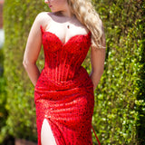 Elara red wavy bustier cup top with basque waist and leg slit