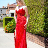 Elara red wavy bustier cup top with basque waist and leg slit