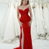 Elara red wavy bustier cup top with basque waist and leg slit