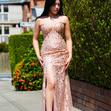 Kalla rose gold beaded bustier cup top with basque waist and leg slit