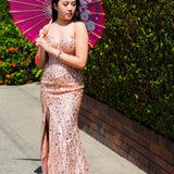 Kalla rose gold beaded bustier cup top with basque waist and leg slit