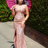 Kalla rose gold beaded bustier cup top with basque waist and leg slit
