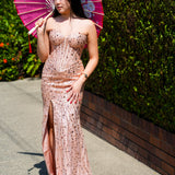 Kalla rose gold beaded bustier cup top with basque waist and leg slit