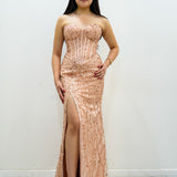 Kalla rose gold beaded bustier cup top with basque waist and leg slit