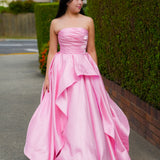 Baby Pink liquid taffeta ruffled dress with  straight neckline