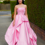 Baby Pink liquid taffeta ruffled dress with  straight neckline