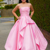 Baby Pink liquid taffeta ruffled dress with  straight neckline