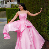 Baby Pink liquid taffeta ruffled dress with  straight neckline