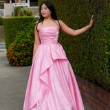 Baby Pink liquid taffeta ruffled dress with  straight neckline