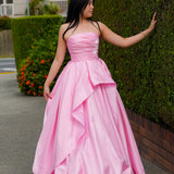 Baby Pink liquid taffeta ruffled dress with  straight neckline