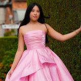 Baby Pink liquid taffeta ruffled dress with  straight neckline