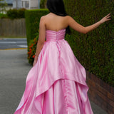 Baby Pink liquid taffeta ruffled dress with  straight neckline