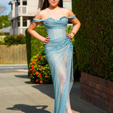 Baby blue crystal mesh strap off the shoulder sleeve mermaid dress