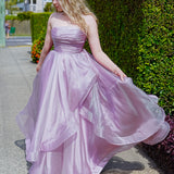 Muted purple mauve organza ruffled dress with lace up back