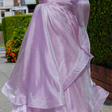 Muted purple mauve organza ruffled dress with lace up back