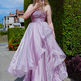 Muted purple mauve organza ruffled dress with lace up back