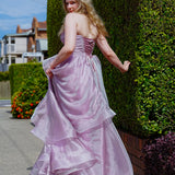 Muted purple mauve organza ruffled dress with lace up back