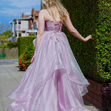 Muted purple mauve organza ruffled dress with lace up back