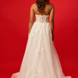 Sweetheart neckline with nude bodice and white lace wedding dress.