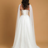 corset princess wedding dress with off the shoulder tulle cape and vine, floral and beaded details