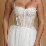 corset princess wedding dress with off the shoulder tulle cape and vine, floral and beaded details